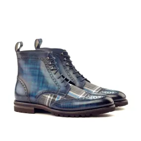 DapperFam Valiant in Plaid / Denim Men's Sartorial & Hand-Painted Patina Military Brogue