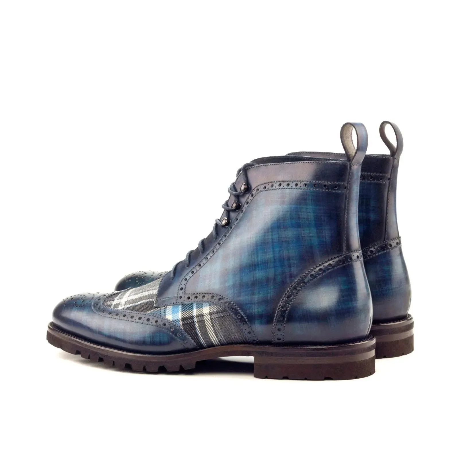 DapperFam Valiant in Plaid / Denim Men's Sartorial & Hand-Painted Patina Military Brogue