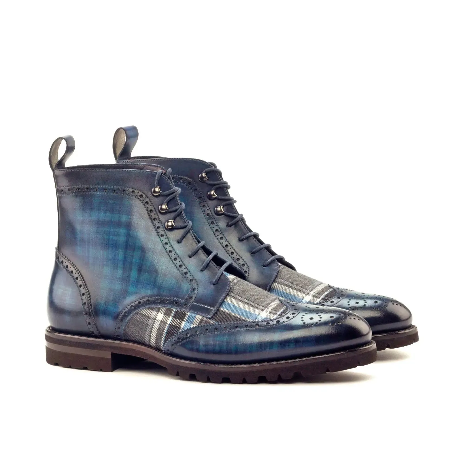 DapperFam Valiant in Plaid / Denim Men's Sartorial & Hand-Painted Patina Military Brogue