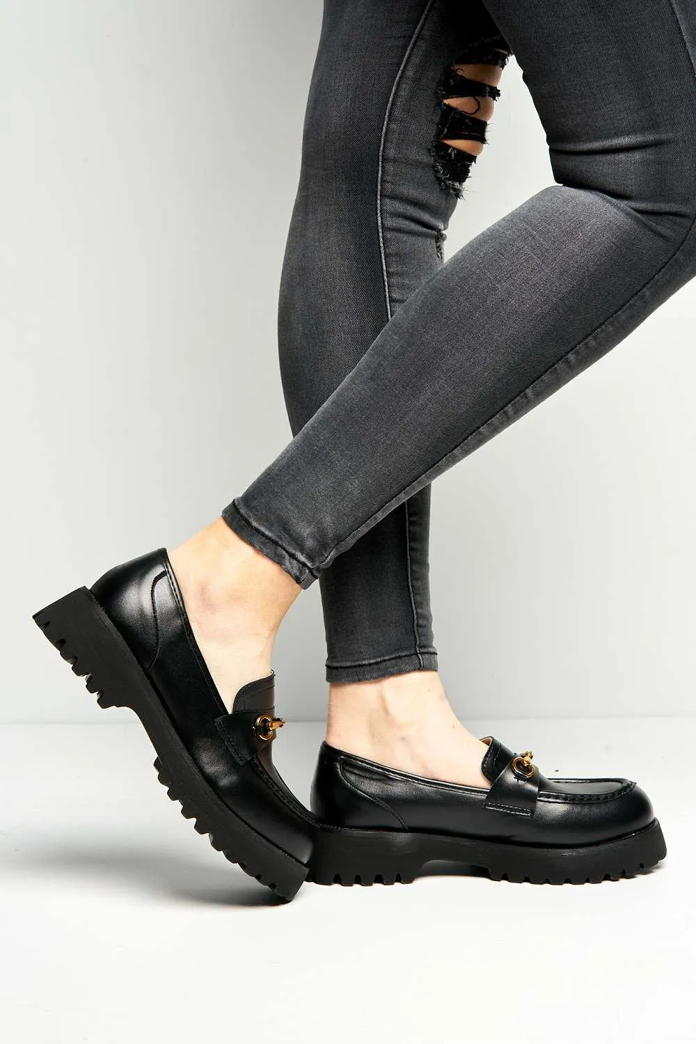 Helen Link Detail Chunky Loafers in Black Matt