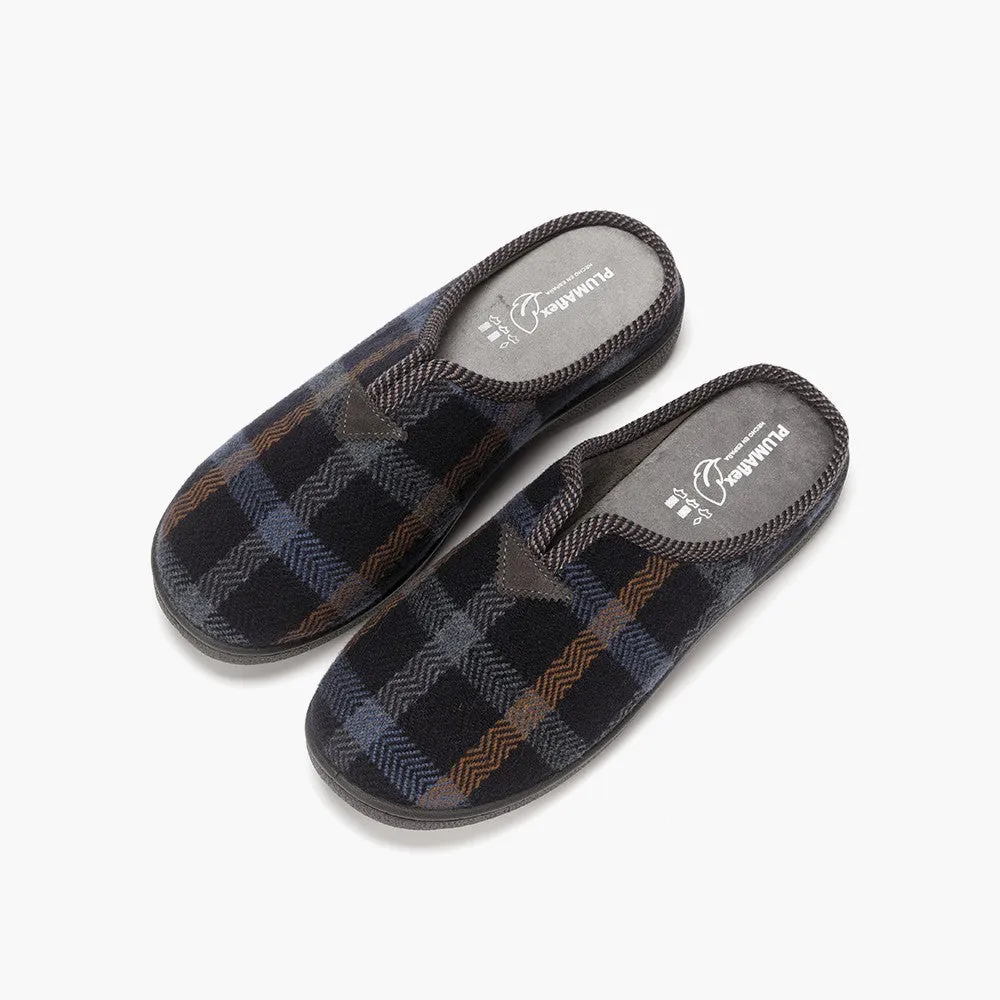 Mens Bedroom Slippers Navy Check Mule Check Plumaflex Memory Foam R12009