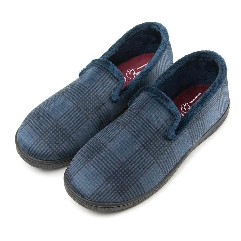 Mens Bedroom Slippers Navy Check Pluma flex Memory Foam 12269