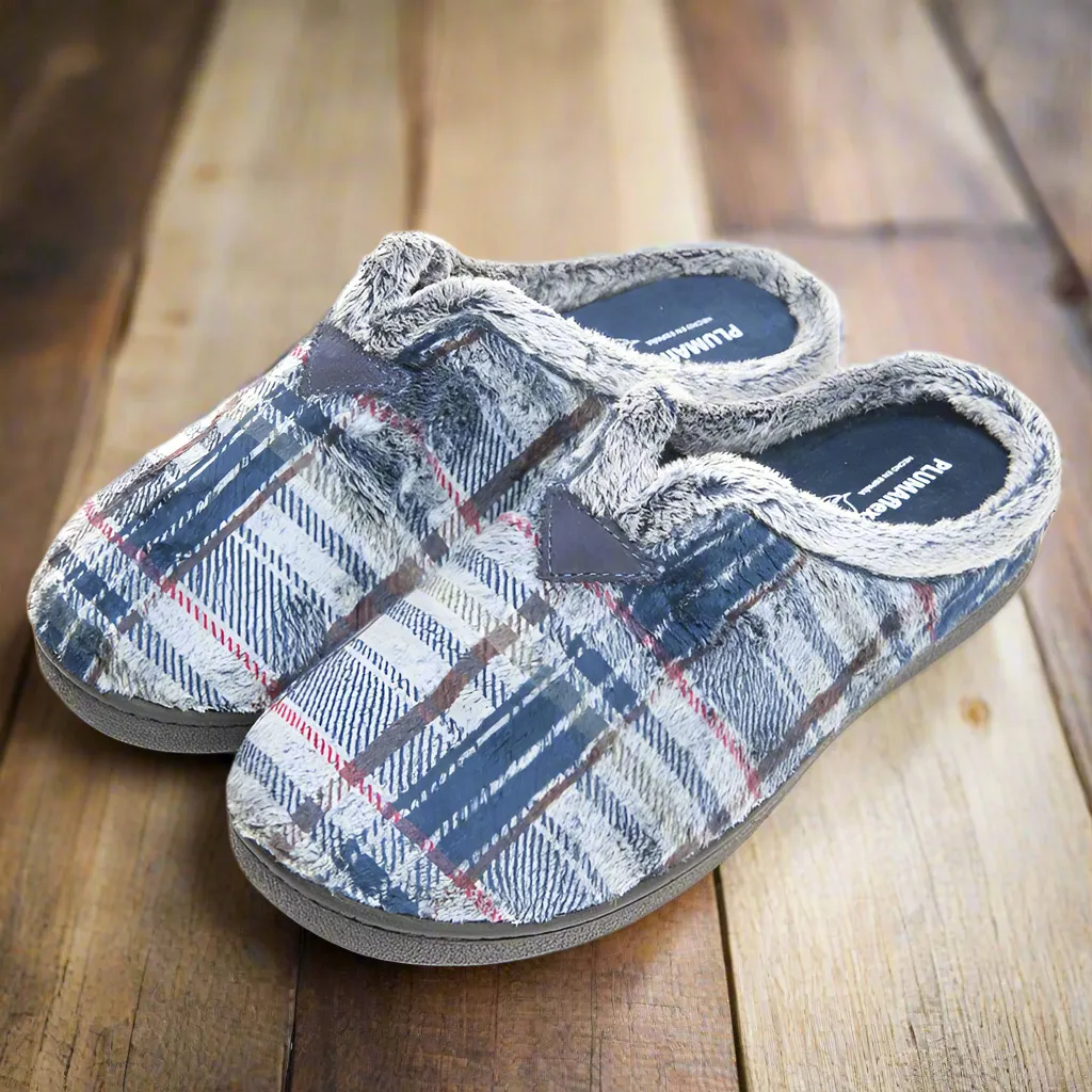 Mens Bedroom Slippers Navy/Multi Check Mule Plumaflex Memory Foam R12273