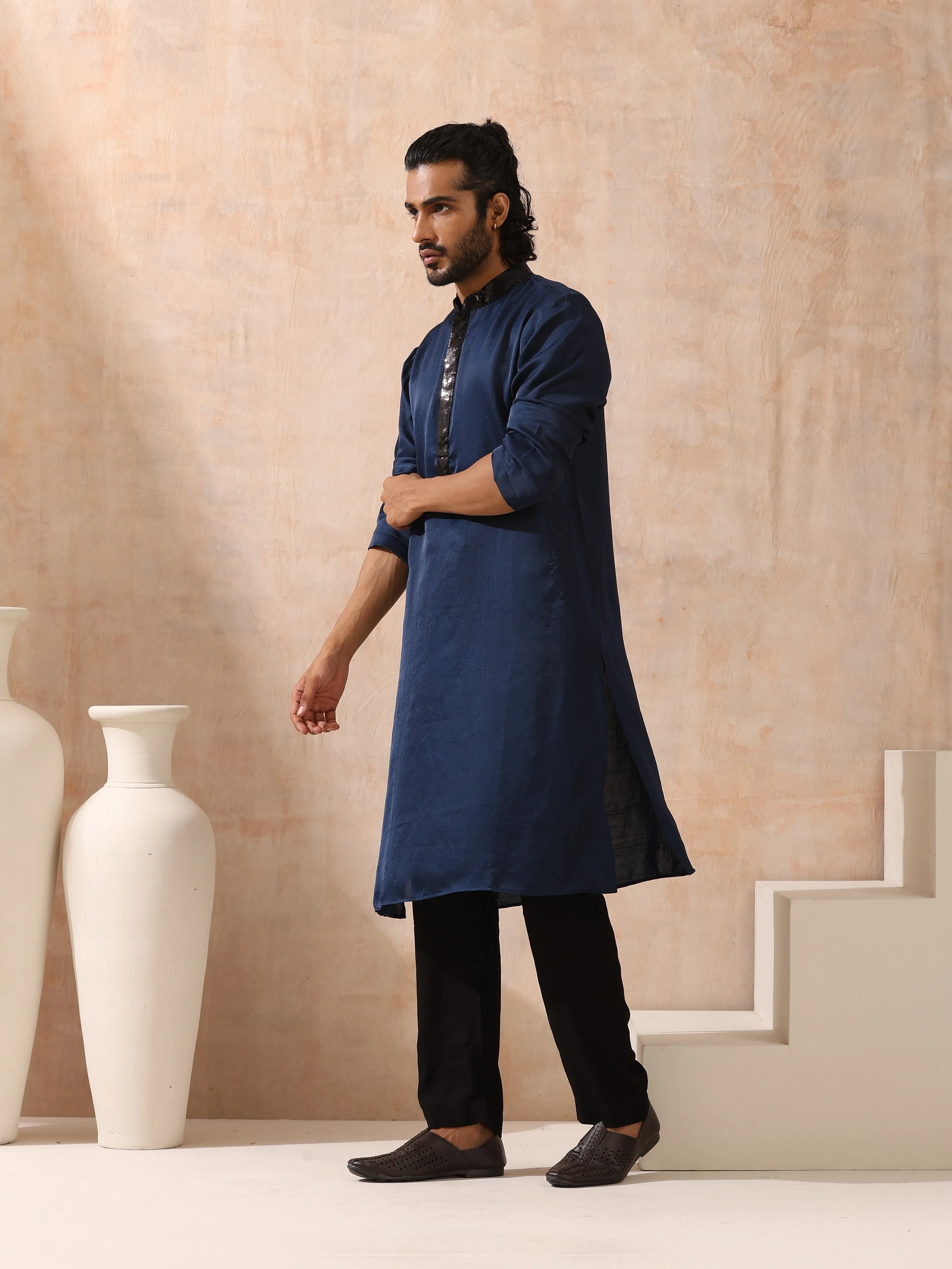 Mens Blue Kurta with Black Sequin Placket and Collar