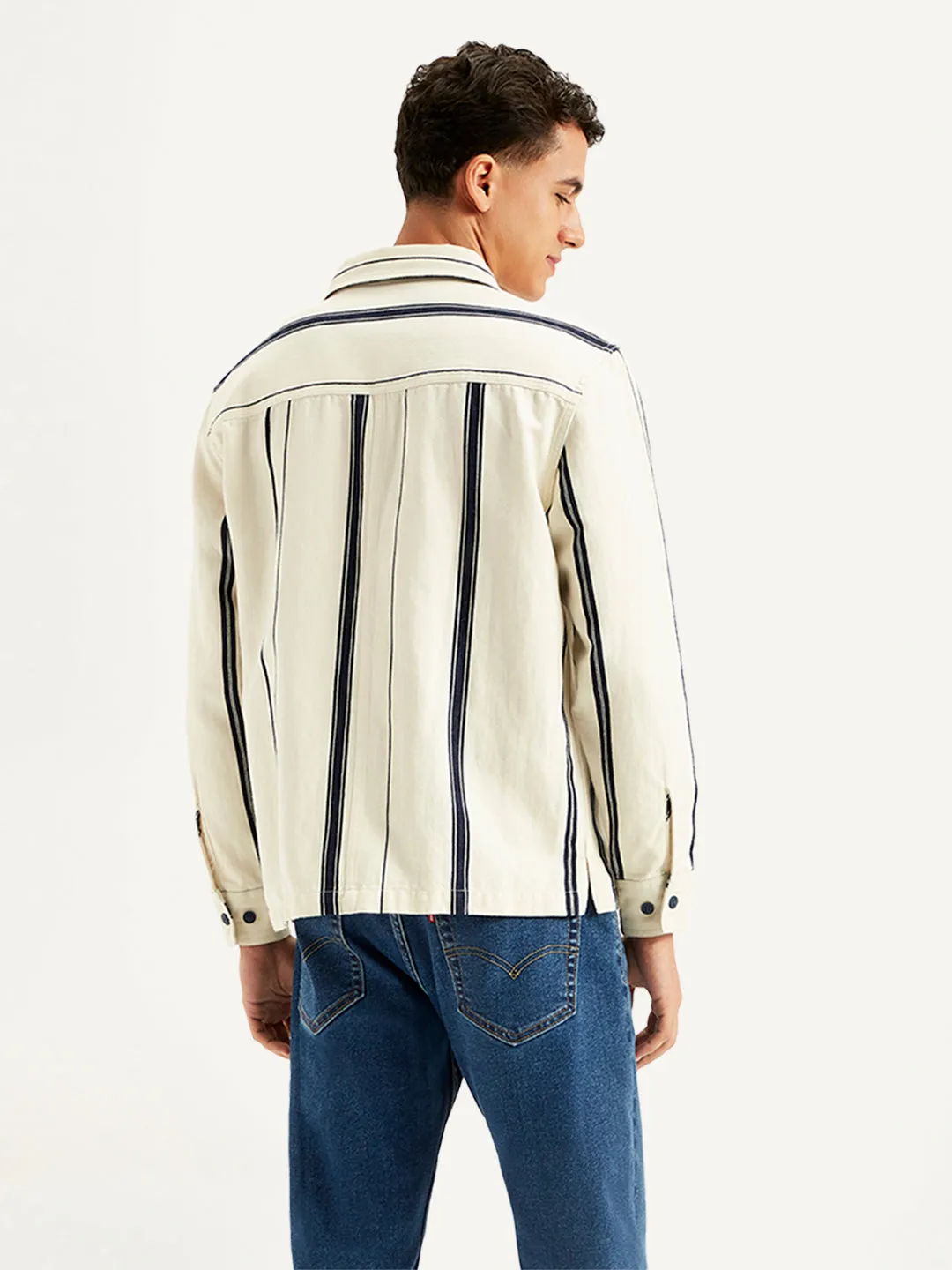 Men's Striped White Regular Fit Shacket