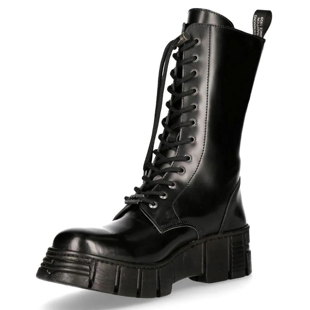 New Rock M-WALL027N-C2 Boots Black Leather Wall Rock Biker Mid-Calf Tower Boots