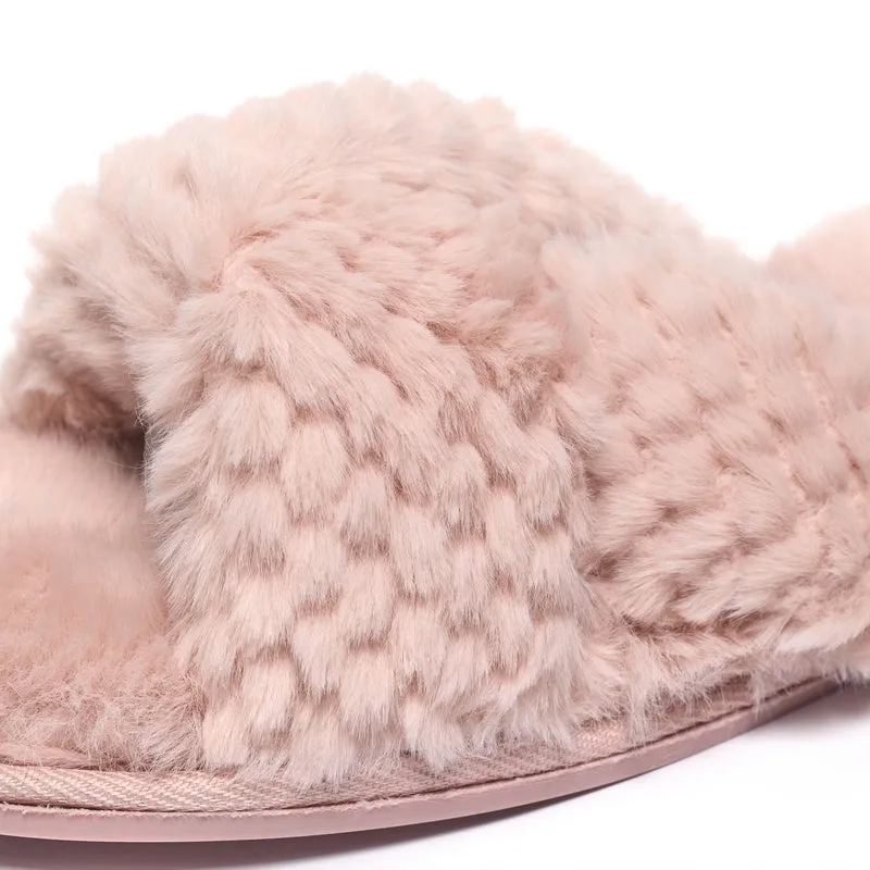 Nicki - Waffle Faux Fur Crossover Slipper Slider - Dusky Pink