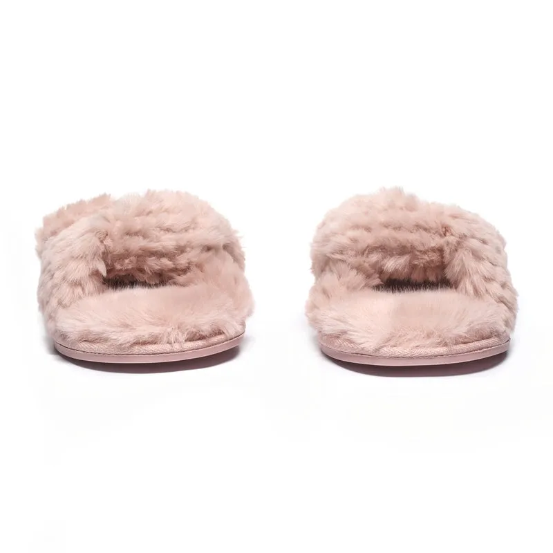 Nicki - Waffle Faux Fur Crossover Slipper Slider - Dusky Pink