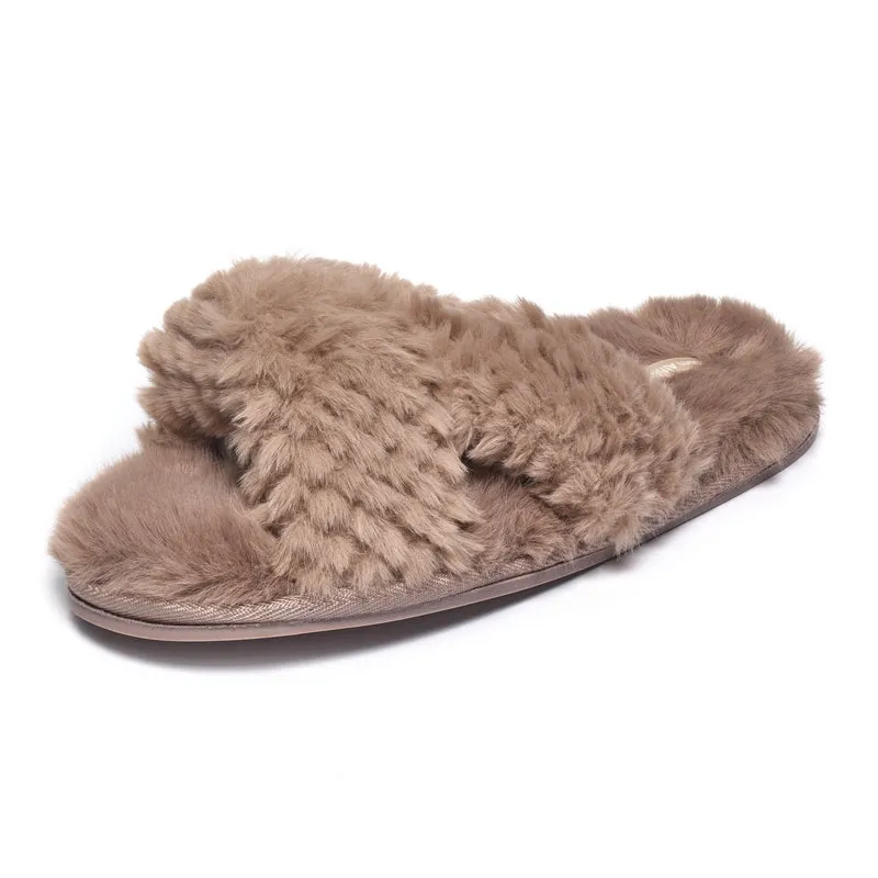 Nicki - Waffle Faux Fur Crossover Slipper Slider - Gingerbread