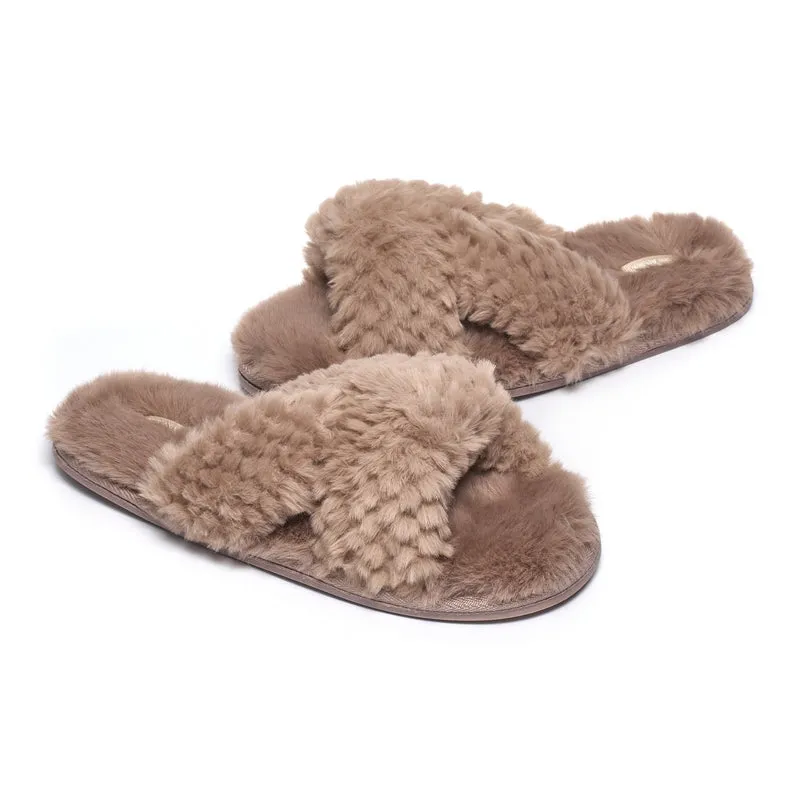 Nicki - Waffle Faux Fur Crossover Slipper Slider - Gingerbread