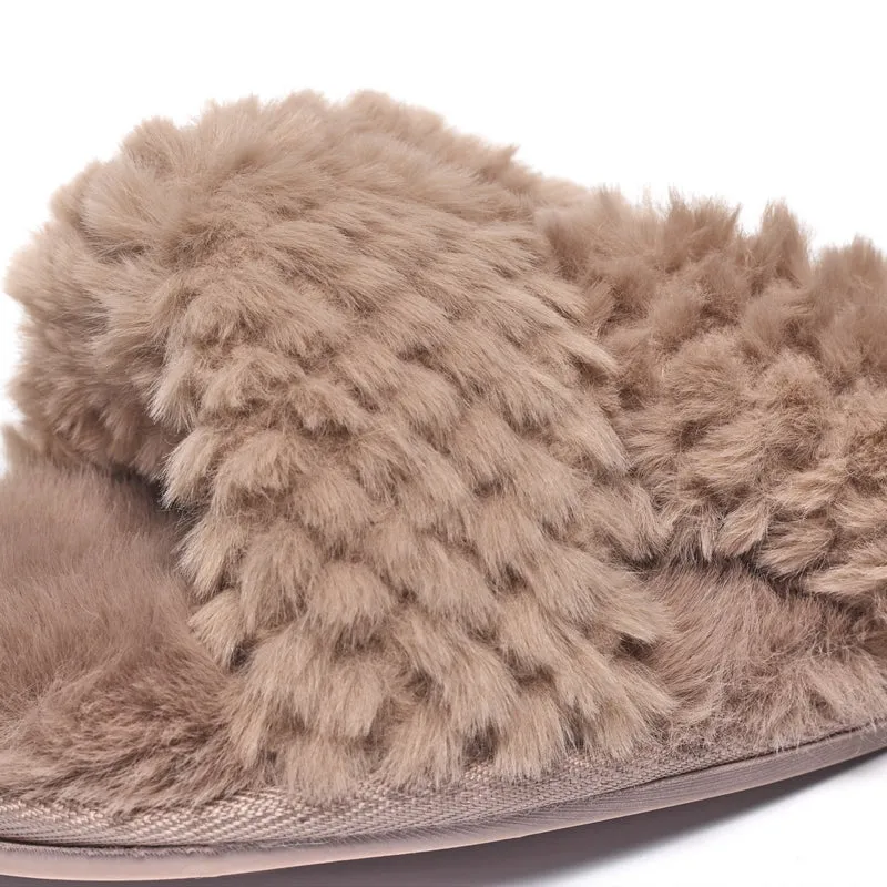 Nicki - Waffle Faux Fur Crossover Slipper Slider - Gingerbread