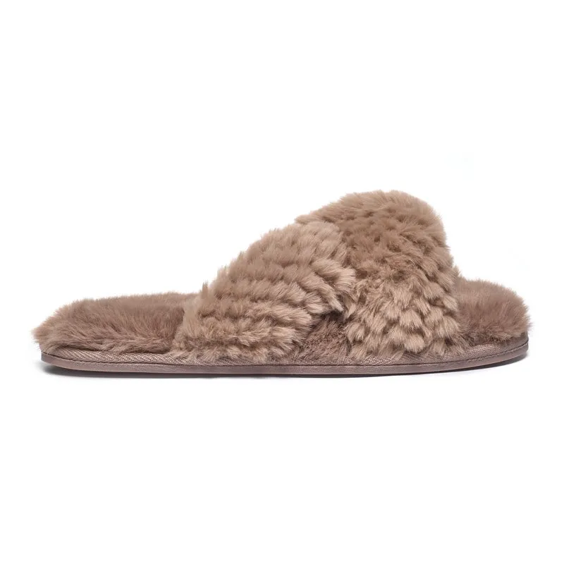 Nicki - Waffle Faux Fur Crossover Slipper Slider - Gingerbread