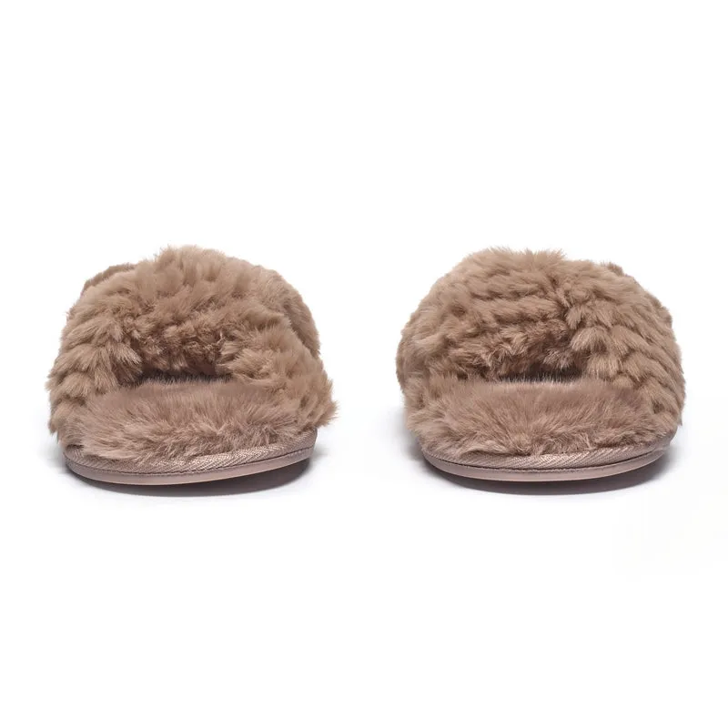 Nicki - Waffle Faux Fur Crossover Slipper Slider - Gingerbread