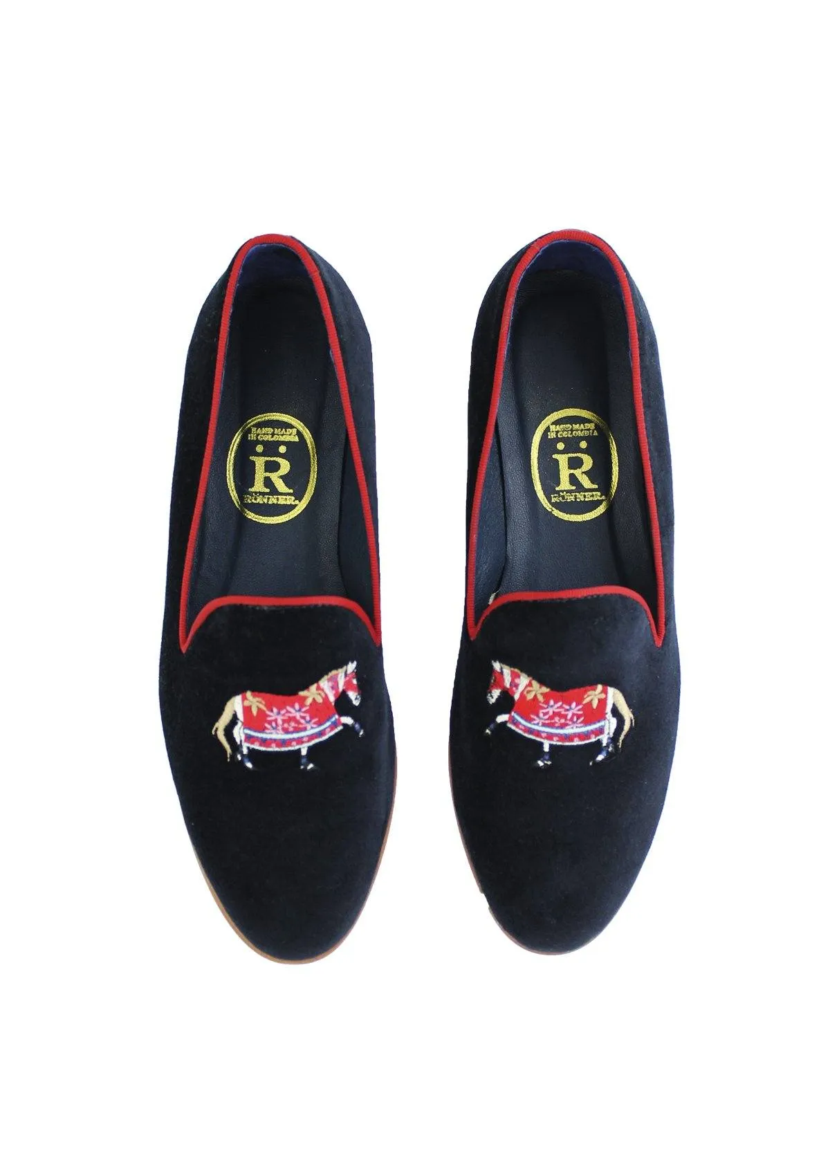 Rönner Mimosa Slippers Araminta Horse | Navy and red embroidery