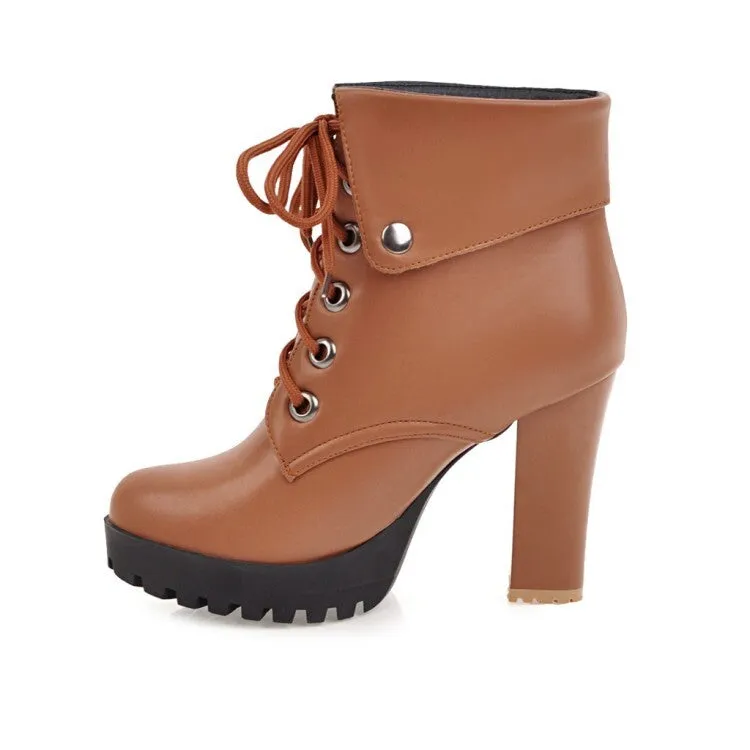 Women's Booties Lace-Up Block Chunky Heel Fold Platform Short Boots