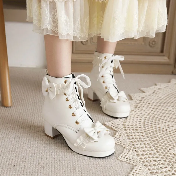 Women's Booties Lolita Bows Lace-Up Block Chunky Heel Platform Short Boots