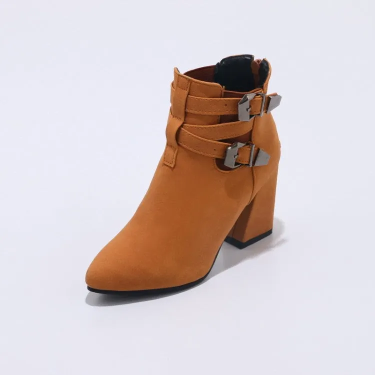 Women's Flock Pointed Toe Metal Buckle Straps Block Chunky Heel Short Boots