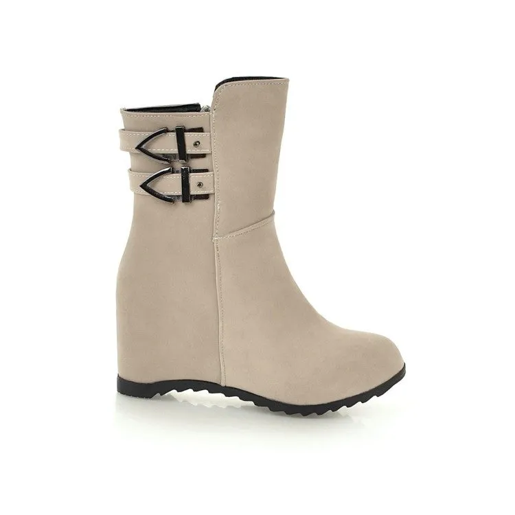 Women's Flock Round Toe Buckle Straps Wedge Heel Short Boots