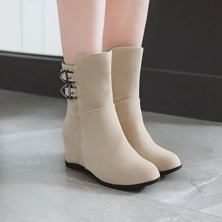 Women's Flock Round Toe Buckle Straps Wedge Heel Short Boots