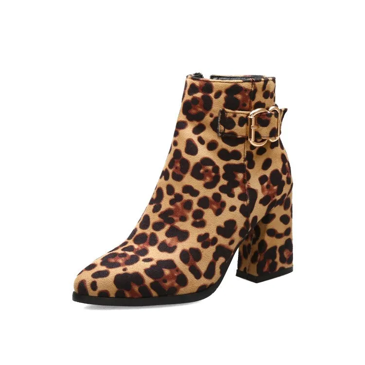 Women's Leopard-print Flock Pointed Toe Side Zippers Buckle Straps Block Chunky Heel Short Boots