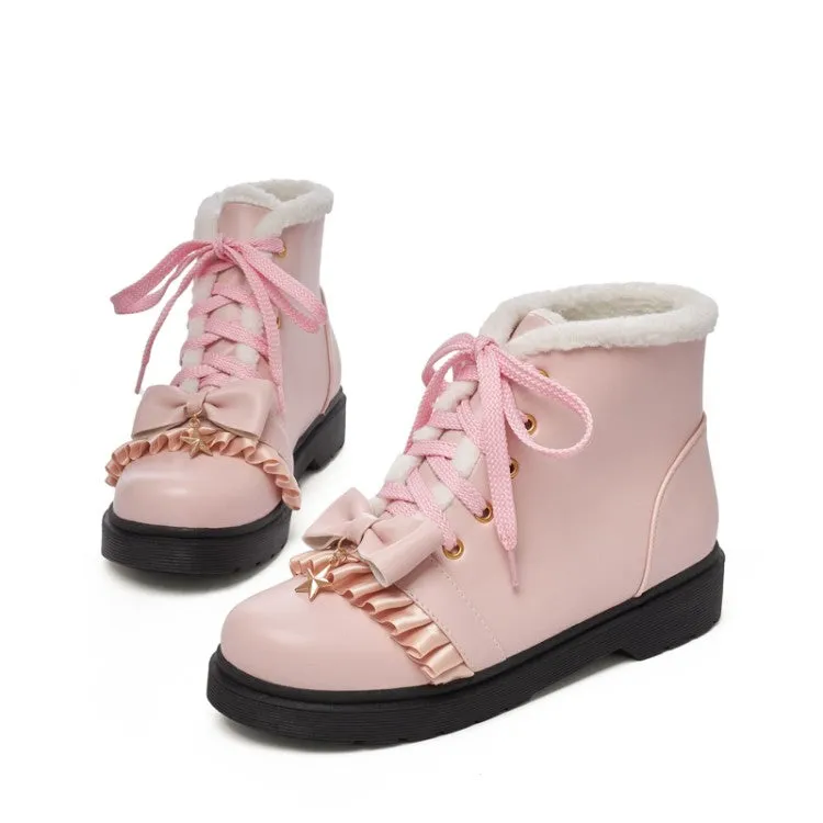 Women's Lolita Bow Tie Lace Up Flat Ankle Boots