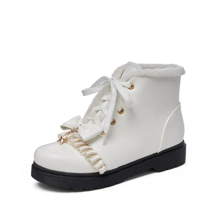 Women's Lolita Bow Tie Lace Up Flat Ankle Boots