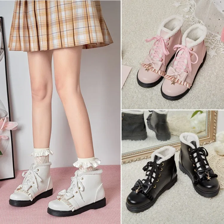 Women's Lolita Bow Tie Lace Up Flat Ankle Boots