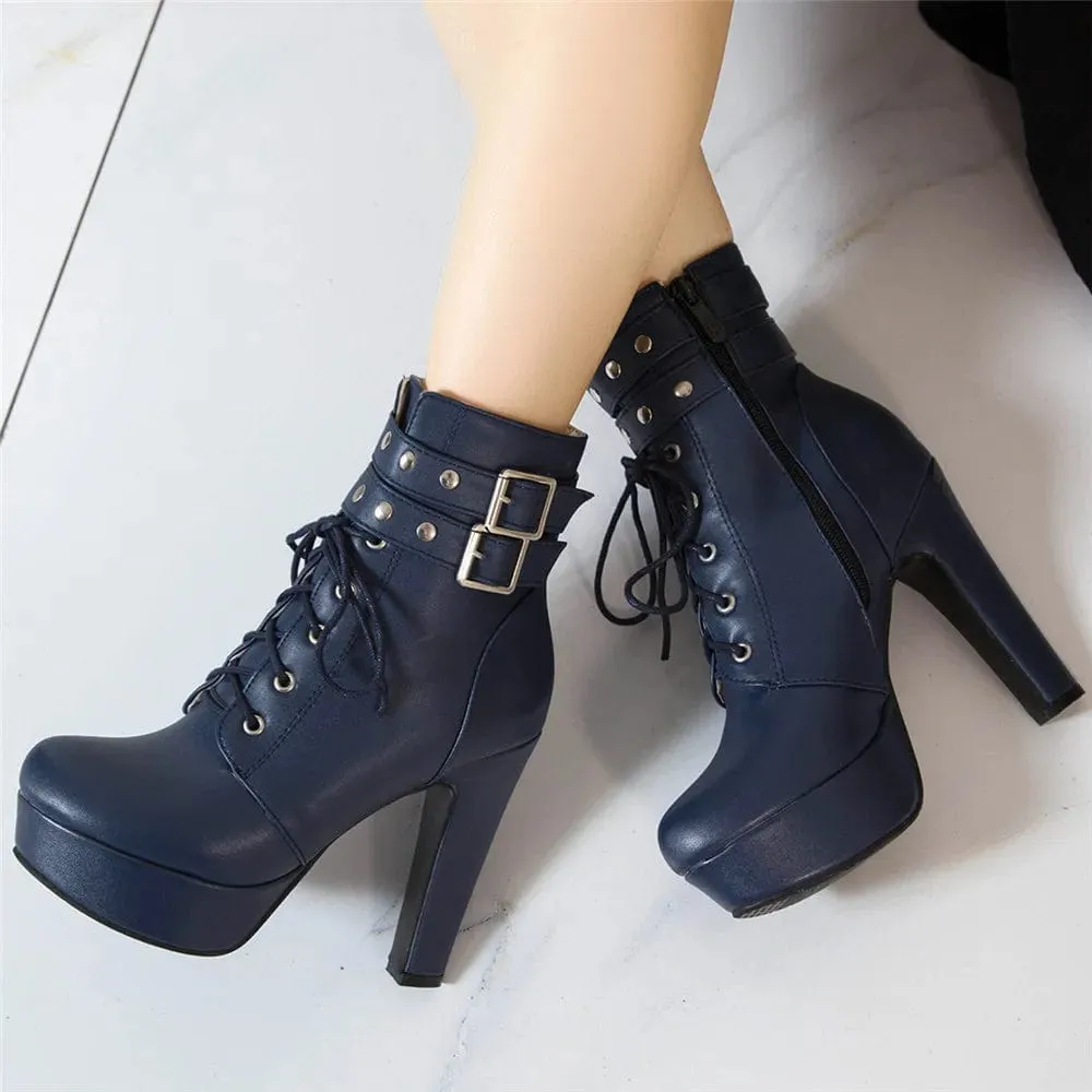 Women's Luxury Lace-Up Ankle Boots – Platform High Heels with Buckle, Sexy Short Boots