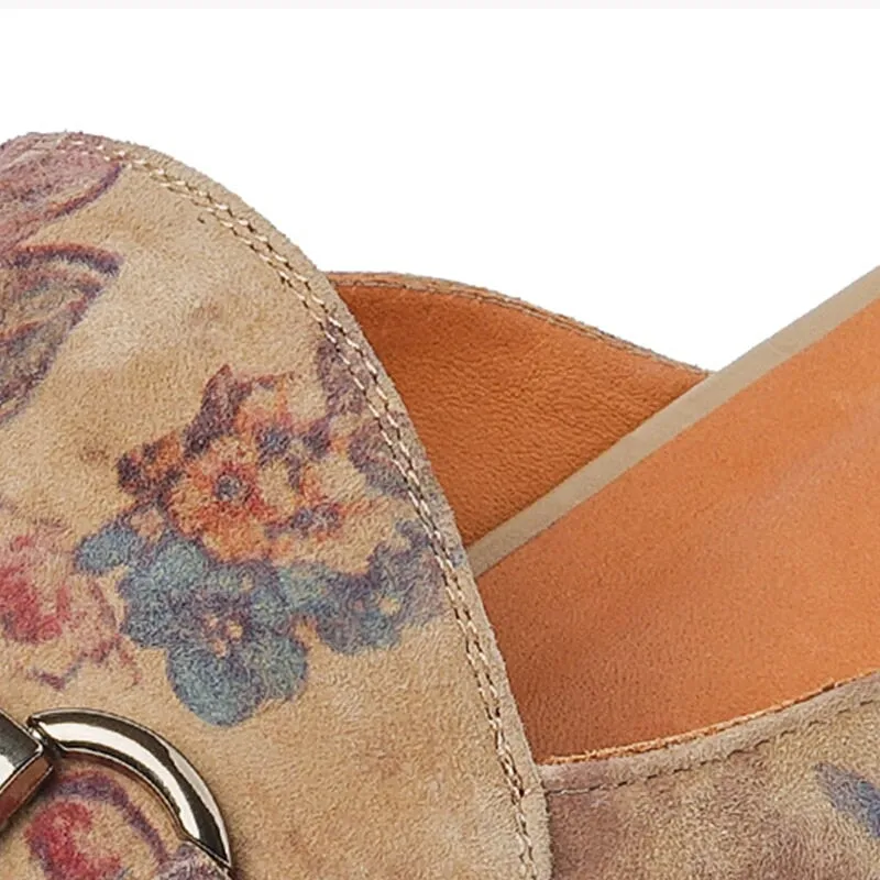 Women's Mules Rose Printing Leather Slippers in Apricot