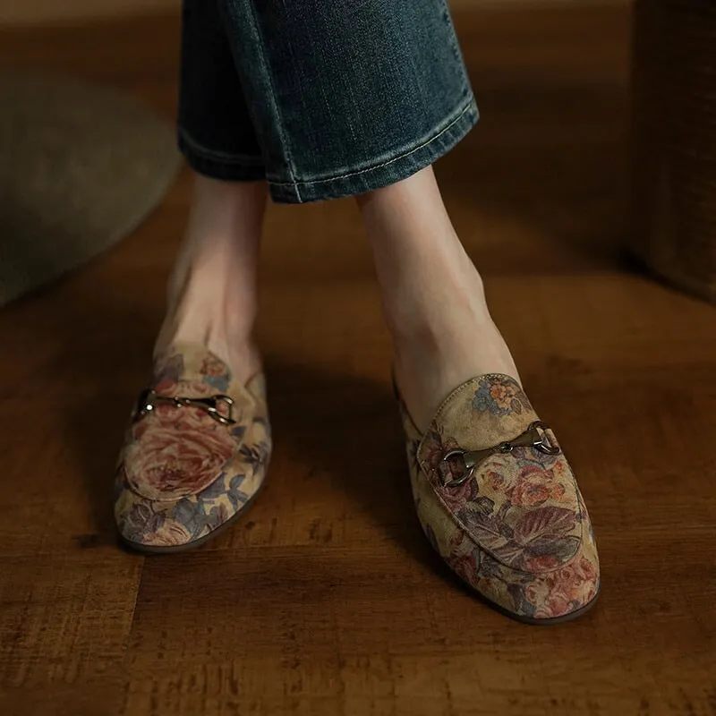 Women's Mules Rose Printing Leather Slippers in Apricot