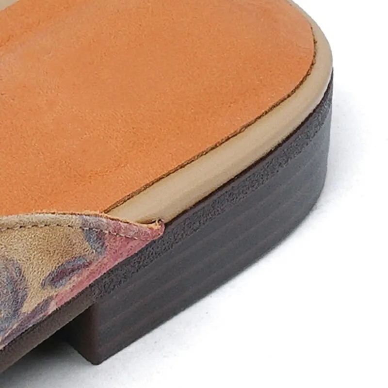 Women's Mules Rose Printing Leather Slippers in Apricot