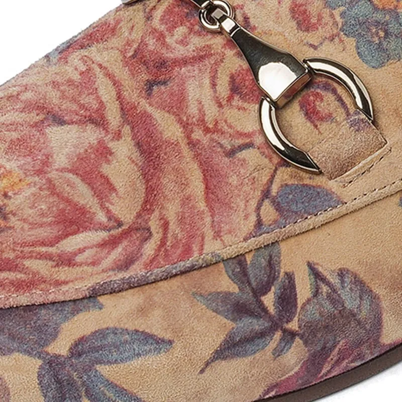 Women's Mules Rose Printing Leather Slippers in Apricot