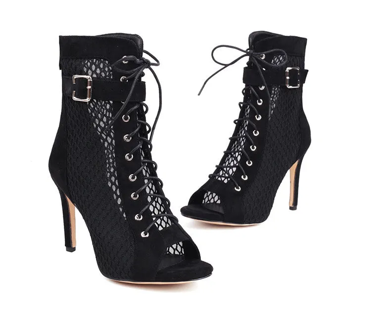 Women's Peep Toe Mesh Lace-Up Buckle Straps Stiletto Heel Ankle Boots