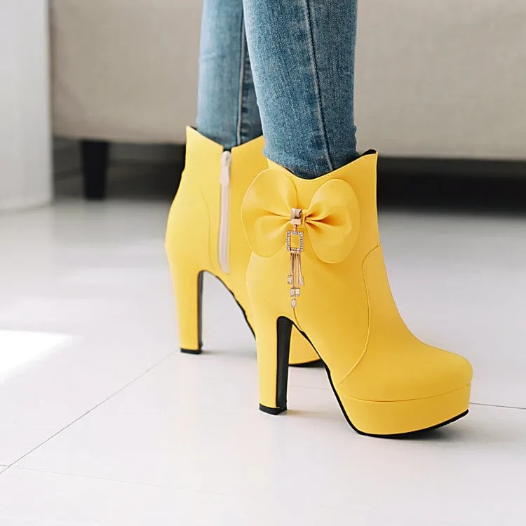 Women's Pu Leather Almond Toe Bow Tie Tassel Block Chunky Heel Platform Short Boots