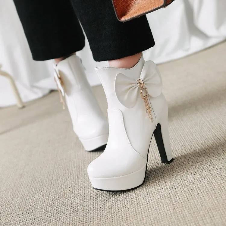 Women's Pu Leather Almond Toe Bow Tie Tassel Block Chunky Heel Platform Short Boots