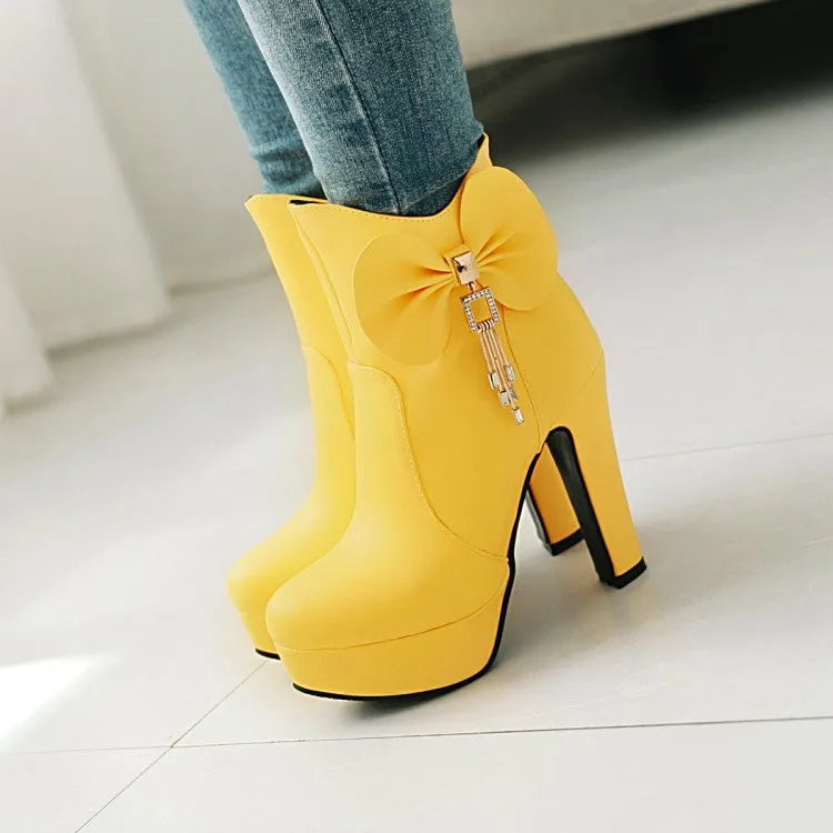 Women's Pu Leather Almond Toe Bow Tie Tassel Block Chunky Heel Platform Short Boots