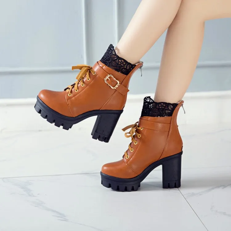 Women's Pu Leather Round Toe Lace Lace-Up Buckle Straps Block Chunky Heel Platform Short Boots