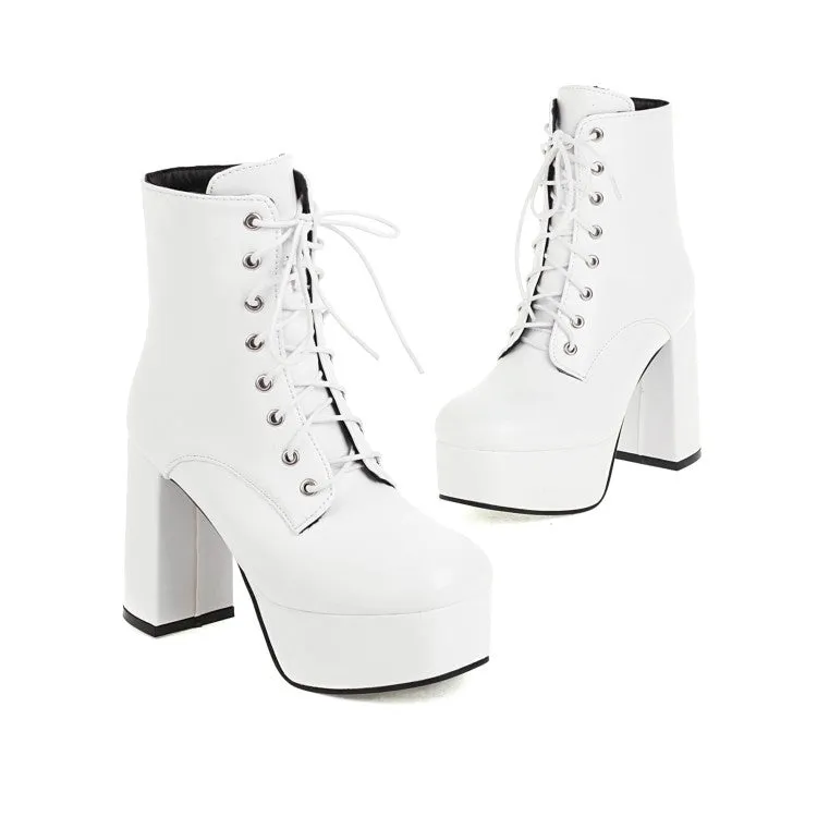 Women's Pu Leather Round Toe Lace Up Side Zippers Block Chunky Heel Platform Short Boots