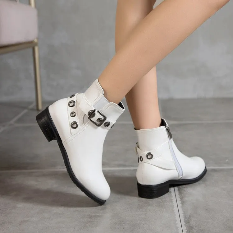 Women's Pu Leather Round Toe Metal Buckle Straps Side Zippers Block Chunky Heel Ankle Boots