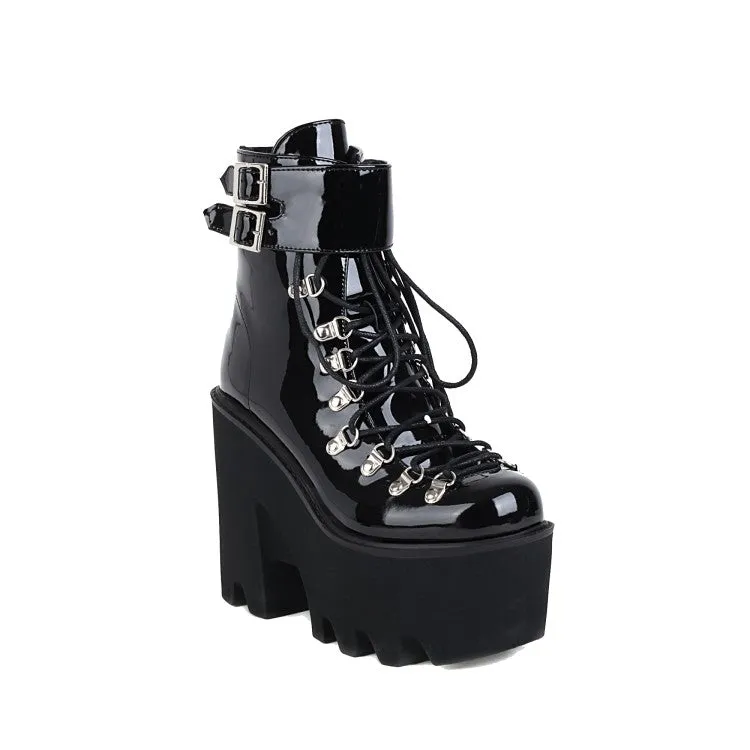 Women's Pu Leather Round Toe Metal Rivets Lace Up Buckle Straps Block Chunky Heel Platform Ankle Boots