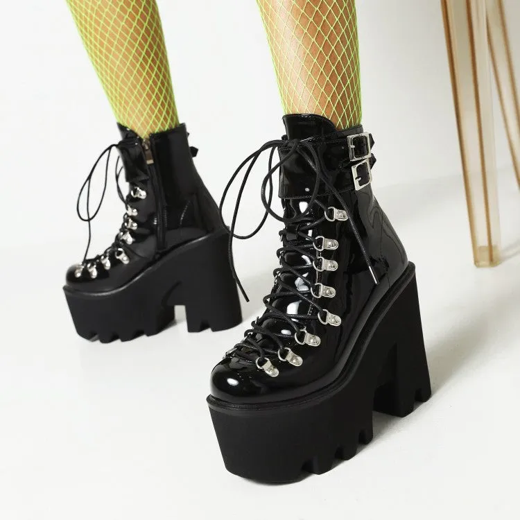 Women's Pu Leather Round Toe Metal Rivets Lace Up Buckle Straps Block Chunky Heel Platform Ankle Boots