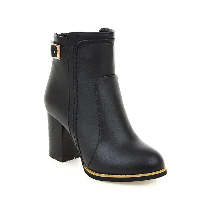 Women's Pu Leather Round Toe Stitch Buckle Straps Block Chunky Heel Back Zippers Short Boots