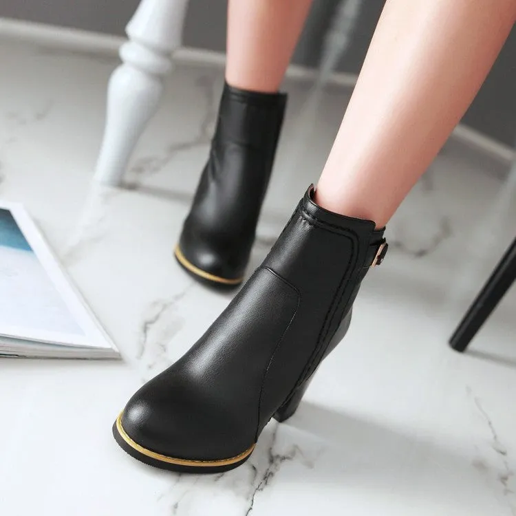 Women's Pu Leather Round Toe Stitch Buckle Straps Block Chunky Heel Back Zippers Short Boots