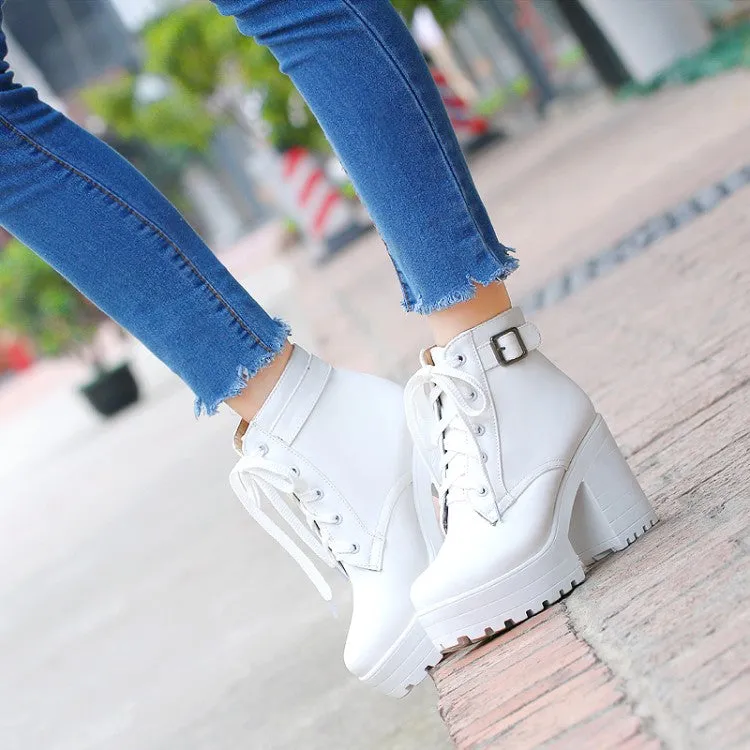 Women's Round Toe Lace-Up Buckle Straps Block Chunky Heel Platform Short Boots