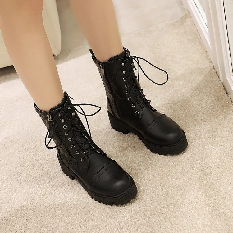 Women's Round Toe Lace-Up Side Zippers Block Chunky Heel Platform Short Boots