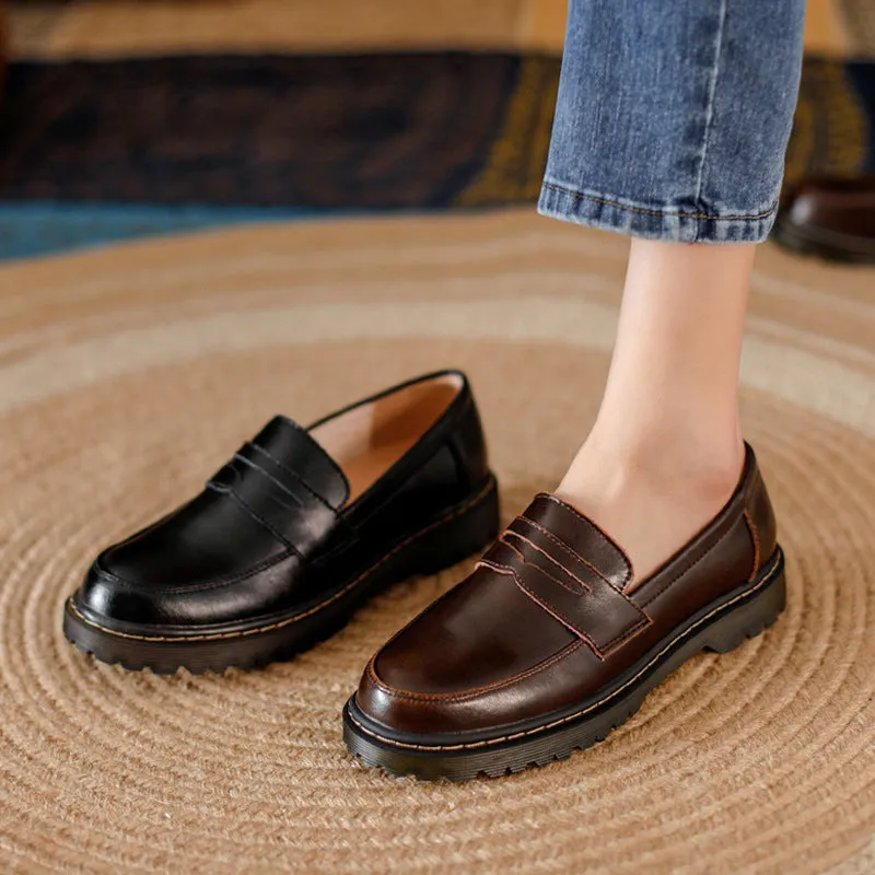 Womens Round Toe Leather Casual Style Loafers