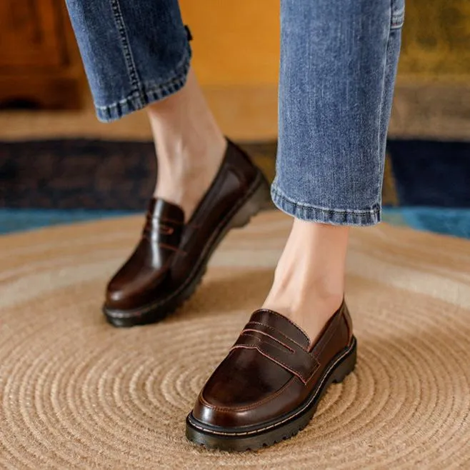 Womens Round Toe Leather Casual Style Loafers