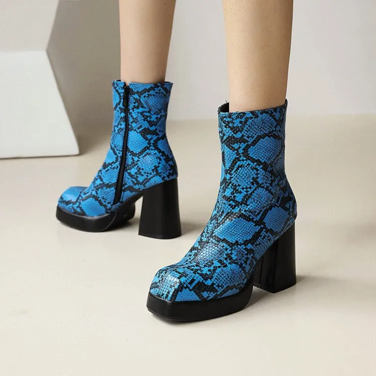 Women's Snake Square Toe Back Zippers Block Chunky Heel Platform Short Boots